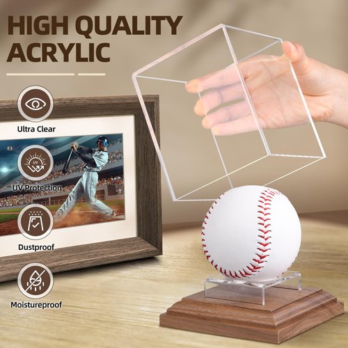 Baseball Display Case Walnut Wood Base Acrylic Baseball Case Display for Balls Uv Protection Baseball Holder Cube Box Stand Memorabilia Autograph Ball, Ideal Gift for Official Size Ball Display