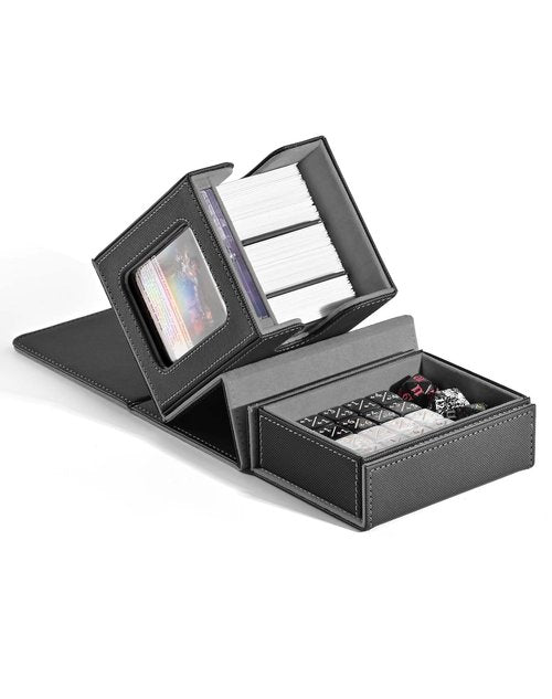 ZLCA MTG Commander Deck Box with Display Window, Card Deck Box Holds 100 Double-Sleeved with Dice Tray & 35pt Magnetic Card Holder （Black&Grey）