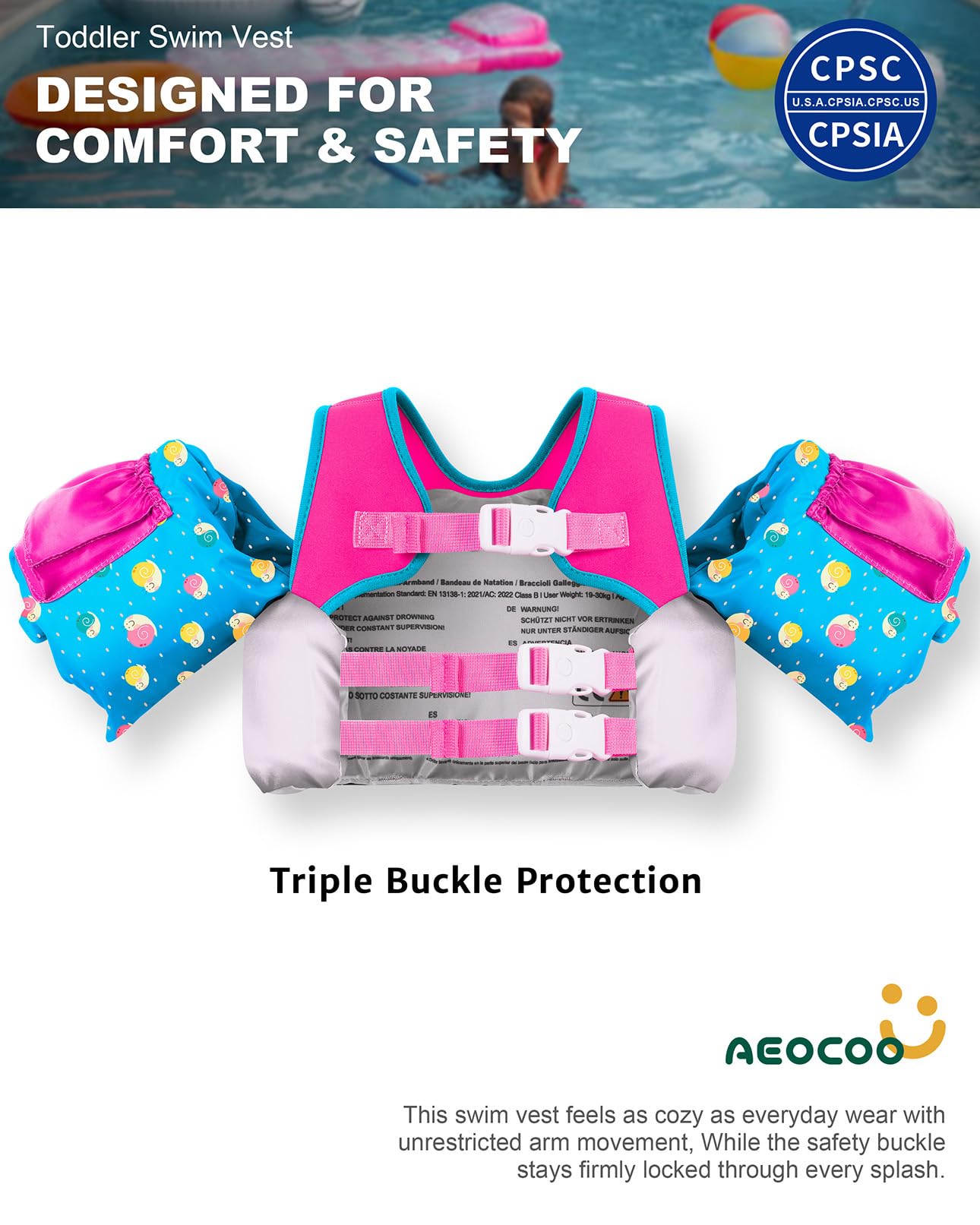 AEOCOO Puddle Float Jumper 30-50-60-66 Pounds, Toddler Swim Vest for 2-3-5-7 Years Old, Pool Floats with Swimming Arm Floaties Swim Jacket for Kids Swimmies, Boys, Girls, Niños, Snail