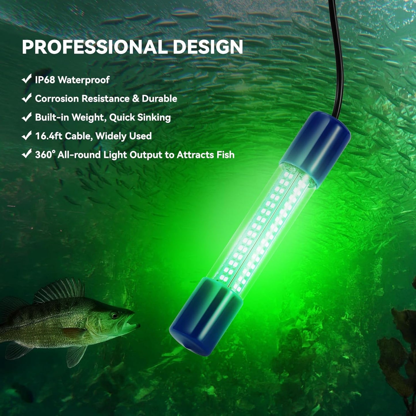 18W Underwater Fishing Light, IP68 Waterproof DC 12-24V LED Fish Bait Light Submersible Finder Attractants Lamp for Crappie Shrimp Squid Catfish + Battery Clamps, 16.4ft Cable Green/Blue/White Light