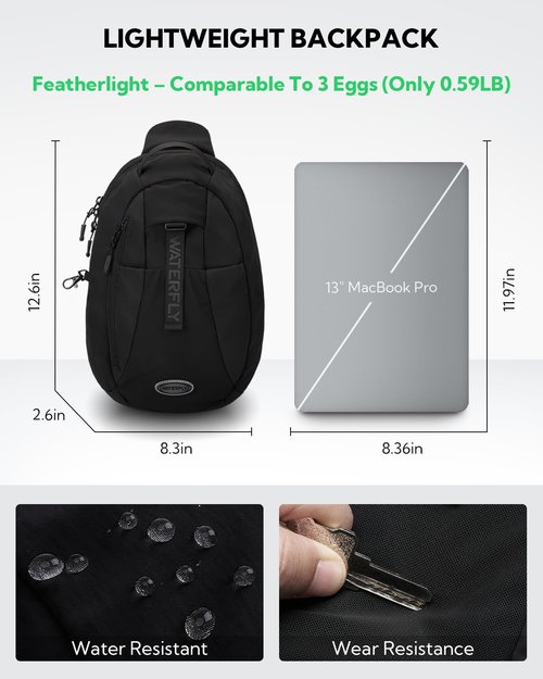 WATERFLY Small Crossbody Sling Backpack: RFID Blocking Anti Theft Sling Chest Bag Travel Shoulder Causal Daypack