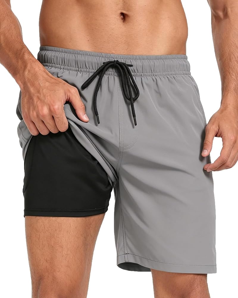 Men's Swim Trunks with Pockets, Quick Dry 7" Inseam Bathing Shorts – Gray