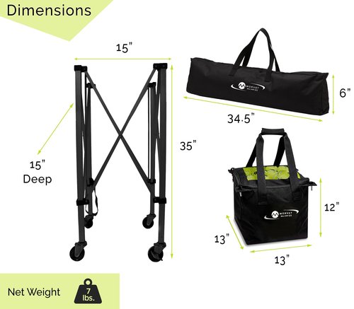 MORVAT Professional Tennis & Pickle Ball Hopper Holds 165 Balls Heavy-Duty Pro Sports Practice Cart, Foldable Portable Compact & Lightweight Zippered Pocket & Racket Holder, Carry Bag + 3 Tennis Balls