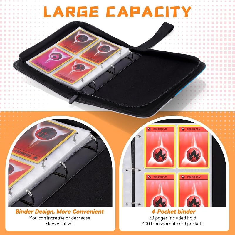 Blue Card Binder 4-Pocket with 50 Removable Sleeves - Holds 400 Cards