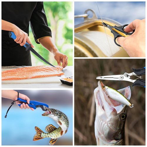GPUSFAK Fishing Tool Kit, 54 Pieces Fishing Gear, Fishing Pliers with Lanyard, Fish Scale, Fish Lip Gripper, Fly Ice Fishing Net, Anti-Slip Gloves