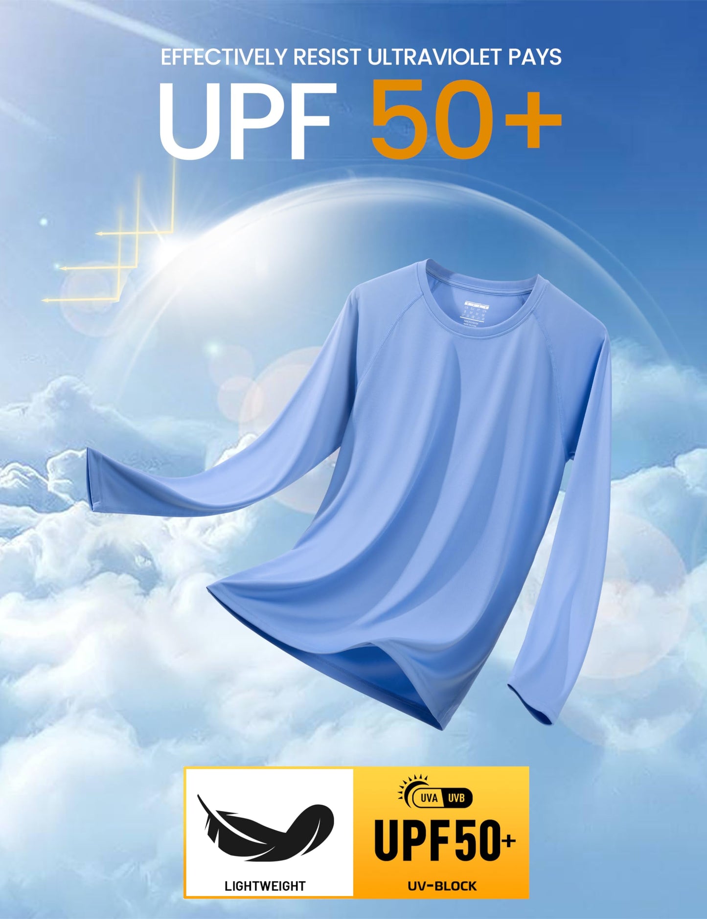 Sun Protection Shirts for Men Hiking T-Shirt Long Sleeve Quick Dry Shirts for Men UV Protection Shirts UPF 50 T-Shirt UV Shirts Light Blue