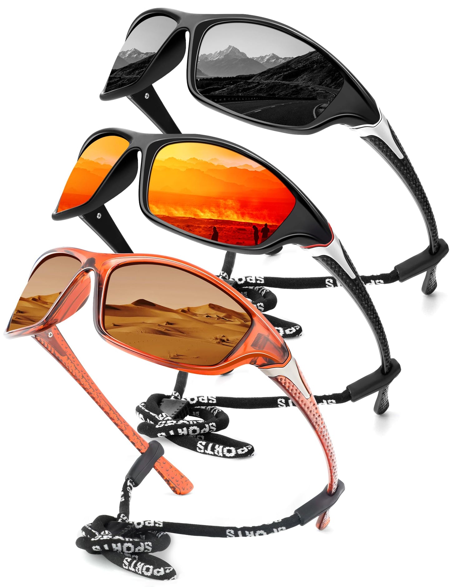 KALIYADI Sports Polarized Sunglasses Men UV400 Protection for Fishing Driving Cycling, Black/Red/Brown, 3 Pack