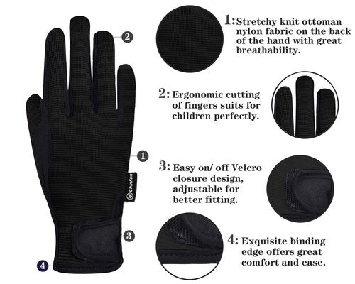 ChinFun Horse Riding Glove Equestrian Gloves Kids for Boys Girls Horseback Riding Gloves Grip for Youth Children Riding Sports Biking Cycling Gardening Black Size L