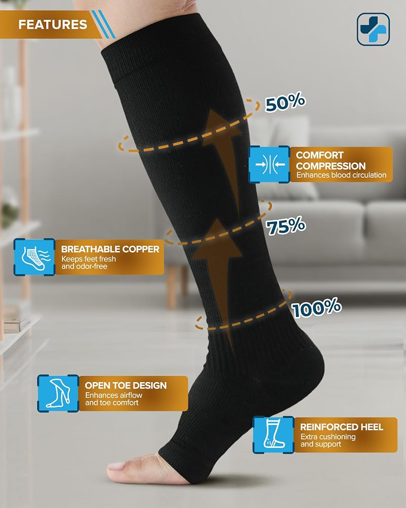 Copper-Toe Open Toe Compression Socks for Men & Women 20-30 mmHg - 3 Pairs Black (Variation: Large)