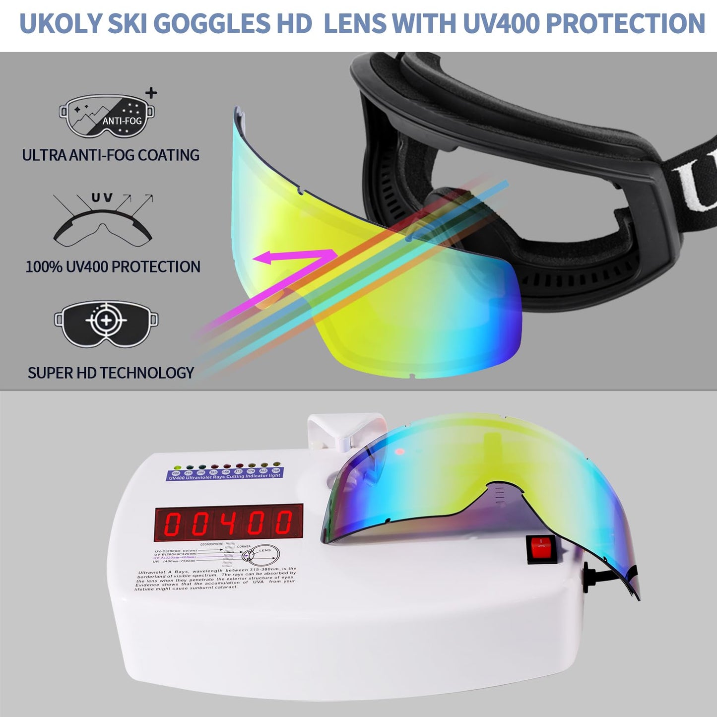 Ukoly Ski/Snowboard Goggles for Men Women, Snow Goggles HD Lens Anti-Fog Coating OTG Design UV400 Protection Windproof (Black Frame Revo Color Red HD Lens)