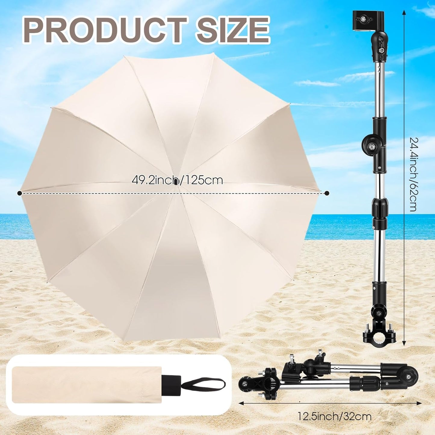 2 Pcs Beach Chair Umbrella with Clamp 49.2" 360° Adjustable Golf Umbrella with Clip and Retractable Stand Sun Shade for Camping Outdoor Travel Patio Wheelchair Golf Cart Stroller
