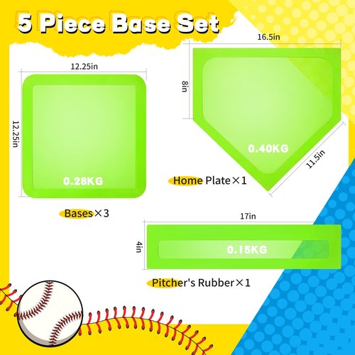 Lolyer Baseball Bases for Yard Set- 3 Throw Down Bases 1 Homeplate 1 Pitching Rubber with Baseball Bases Bag for Kids Practice, Rubber Bases for Kickball Baseball Play (Glow in The Dark)