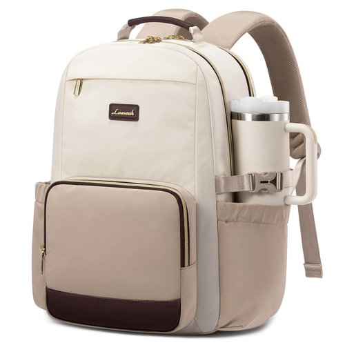 LOVEVOOK Laptop Backpack for Women with Pouch Pocket for Large Capacity Cup,15.6 Inch Laptop Computer Bag Travel Backpack Purse,Waterproof Work Business College Teacher Backpack,Beige-Nude-Logam Plum
