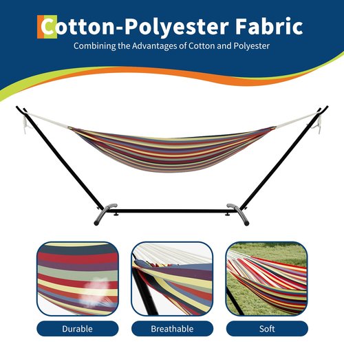 Hammock with Stand – Heavys Duty 500 LBS Capacity, Portable Hammock Set for Outdoors, Indoors, Patio, Garden, and Camping – Includes Carrying Bag and Adjustable Steel Frame(Rainbow Stripes)