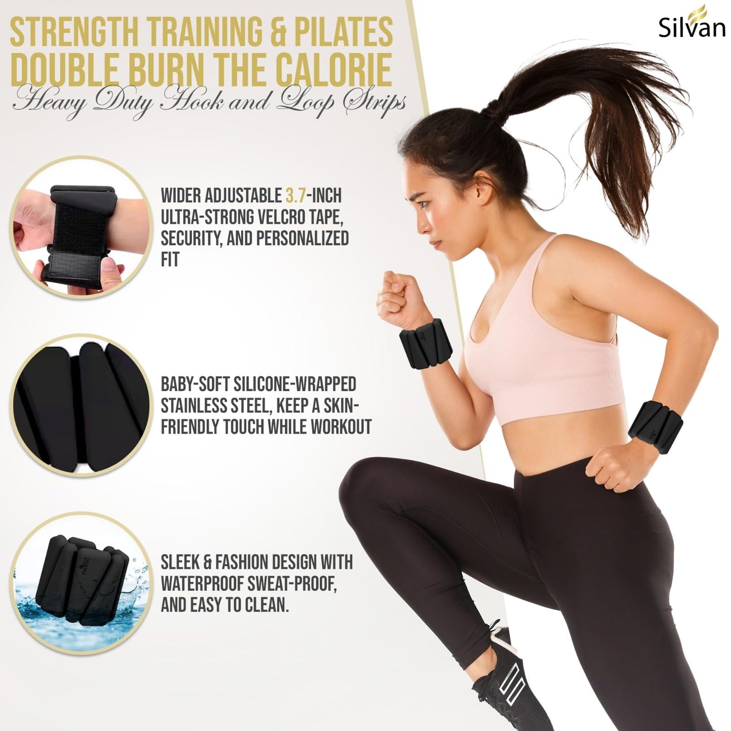 SILVAN Black Adjustable Wrist & Ankle Weights – 1lb Each | Silicone Weighted Bangles for Women & Men | Non-Slip Fitness Accessories for Walking, Yoga, Pilates, Barre & Home Workouts
