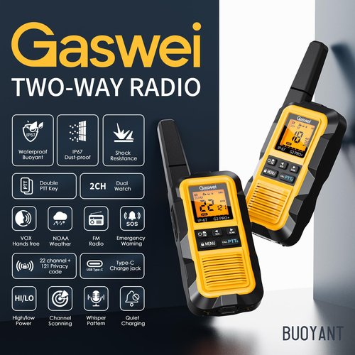 Gaswei G2Pro+ IP67 Waterproof Floating Walkie Talkies with Double PTT, FM Radio, SOS & NOAA Weather Alerts, 2W Long Range Two-Way Radios for Adults, VOX Enabled, Rechargeable Lithium Battery (4 Pack)