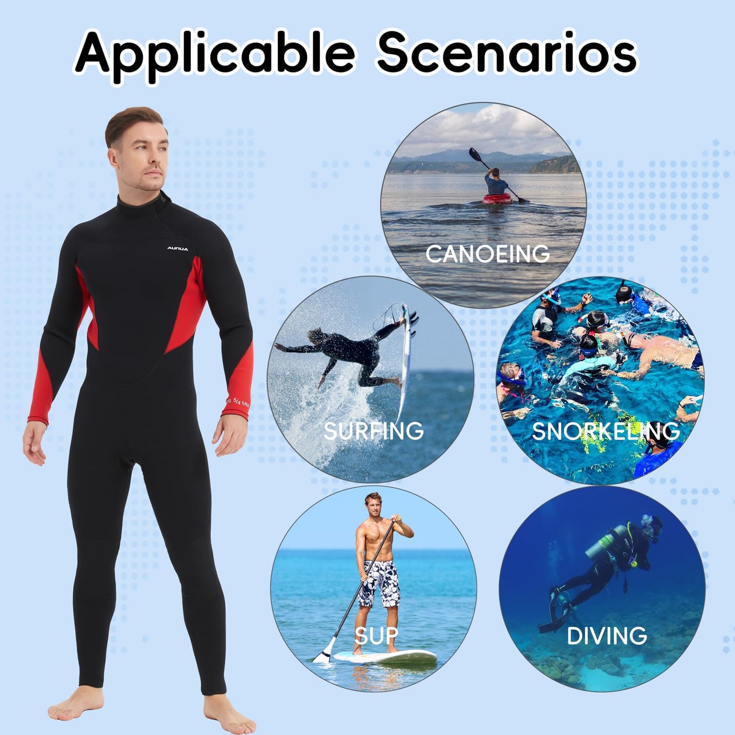 Aunua Wetsuits Men 5mm Back Zip Fullsuit Superstretch Neoprene GBS Seams Surfing Wetsuit(6051-L)
