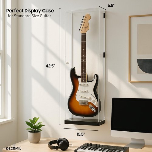 DECOMIL Guitar Display Case 42” – Acrylic Wall Mount or Freestanding Shadow Box Cabinet with Lock, LED Light, UV Protection – Fits Electric Guitars – Secure, Dustproof, Black Frame