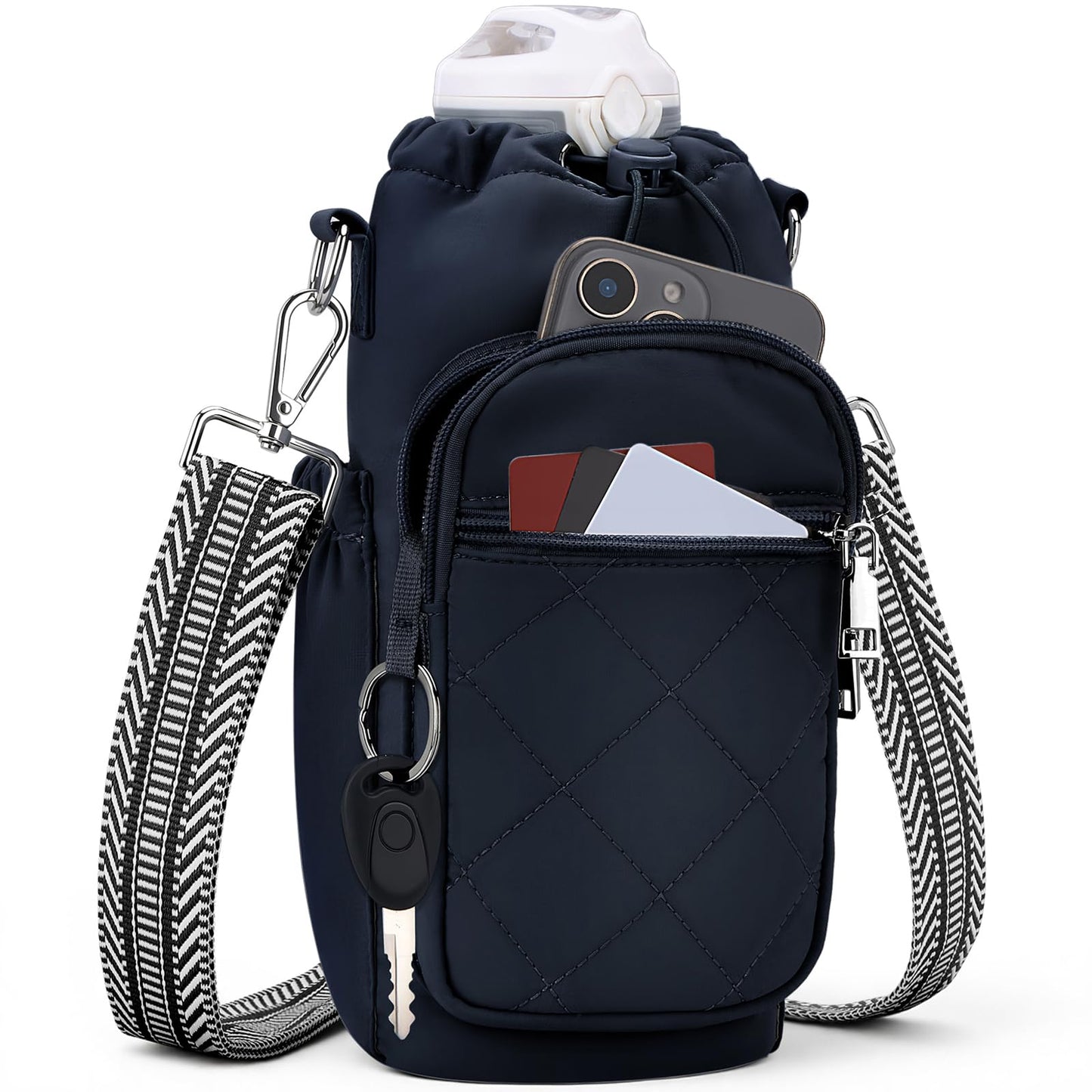SYTRAH Water Bottle Carrier Bag with Strap, Water Bottle Purse with Phone Pocket 40oz, Insulated Crossbody Bags for Walking Hiking Dark Blue