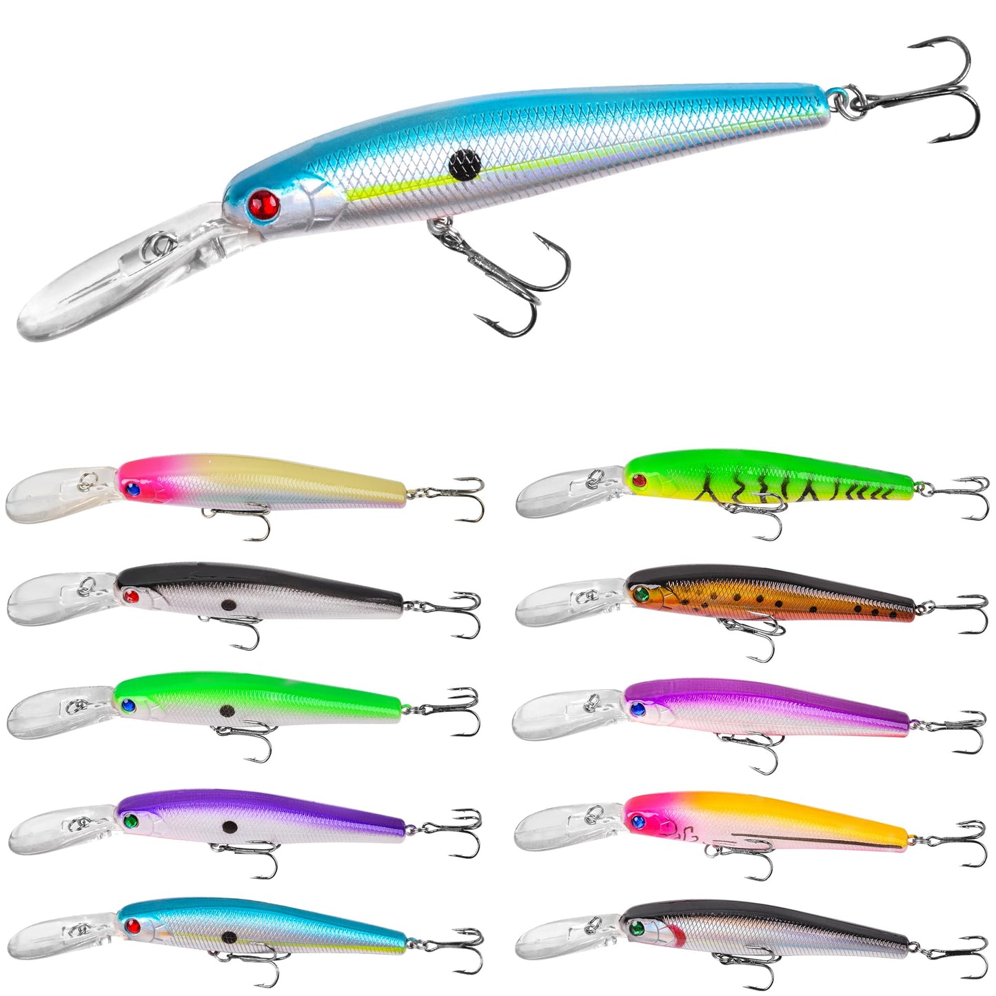 Crankbait Minnow Fishing Lures,10pcs Plug Lure with Treble Hooks Hard Baits Swimbaits 3D Fishing Eyes Life-Like Bass Crank Bait for Trout Bass Perch Fishing 5.07inch