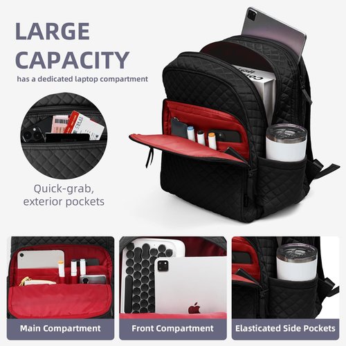 RosaRubus College Laptop Backpack, Travel Backpack for Women, Quilted Casual Daypack, Waterproof Bookbag for 15.6 Inch Laptop