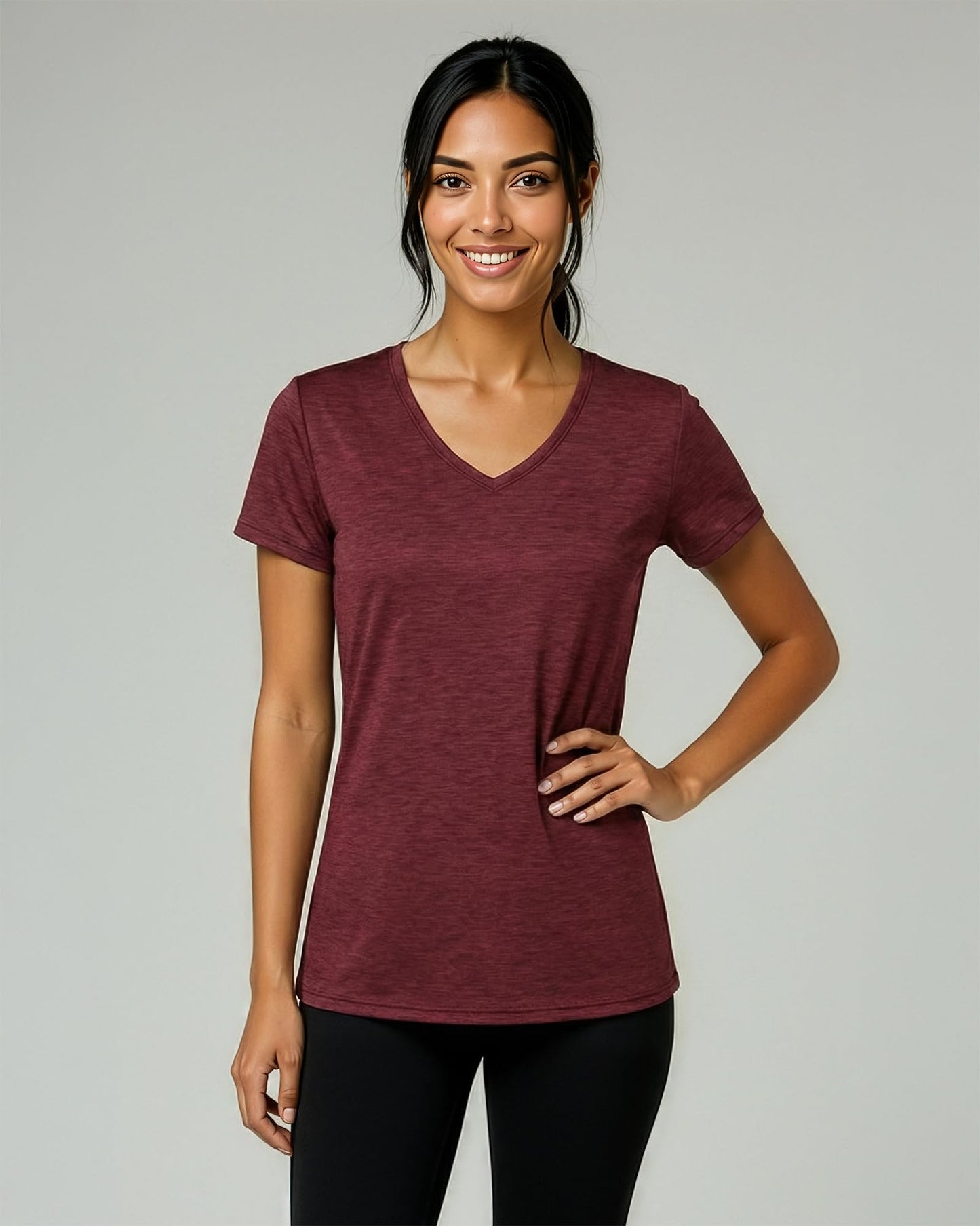 Real Essentials 5 Pack: Women's Dry-Fit Short Sleeve V Neck T Shirt Workout Fitness Yoga Top Tee, Set 2, M
