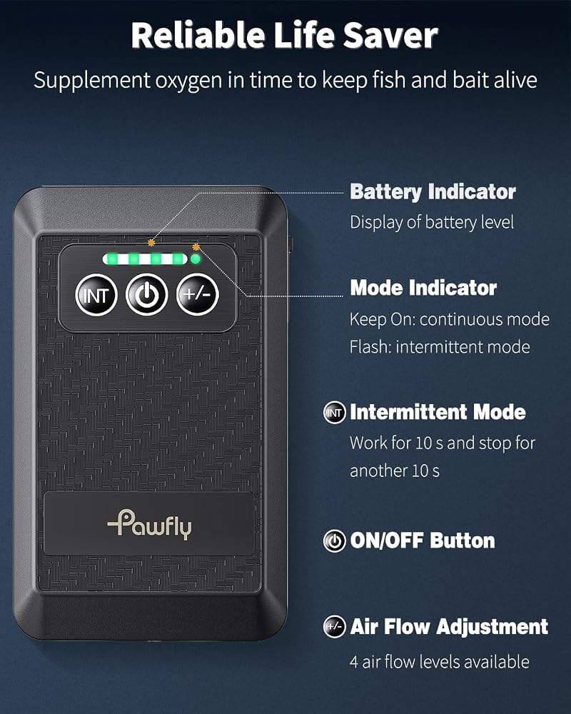 Pawfly Ultra Quiet USB Rechargeable Live Bait Aerator for 5-100 Gallon Buckets - 1.5W, 24-36h Battery Powered