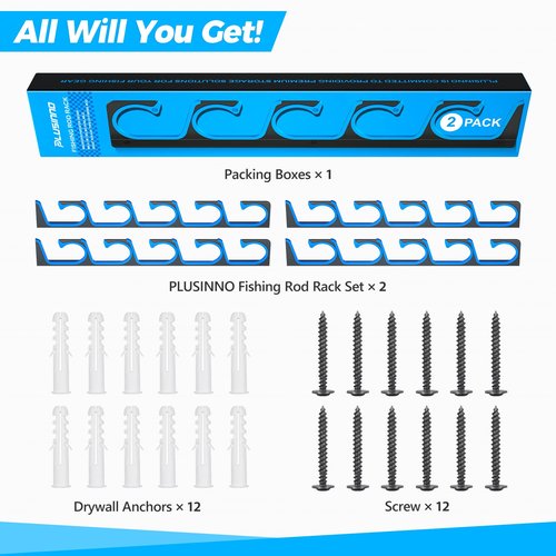 PLUSINNO H5 Horizontal Fishing Rod/Pole Holders for Garage, Wall or Ceiling Mounted Fishing Rod Rack, Aviation Aluminum Fishing Pole Holder Holds up to 10 Rod or Combos or Nets Storage Racks