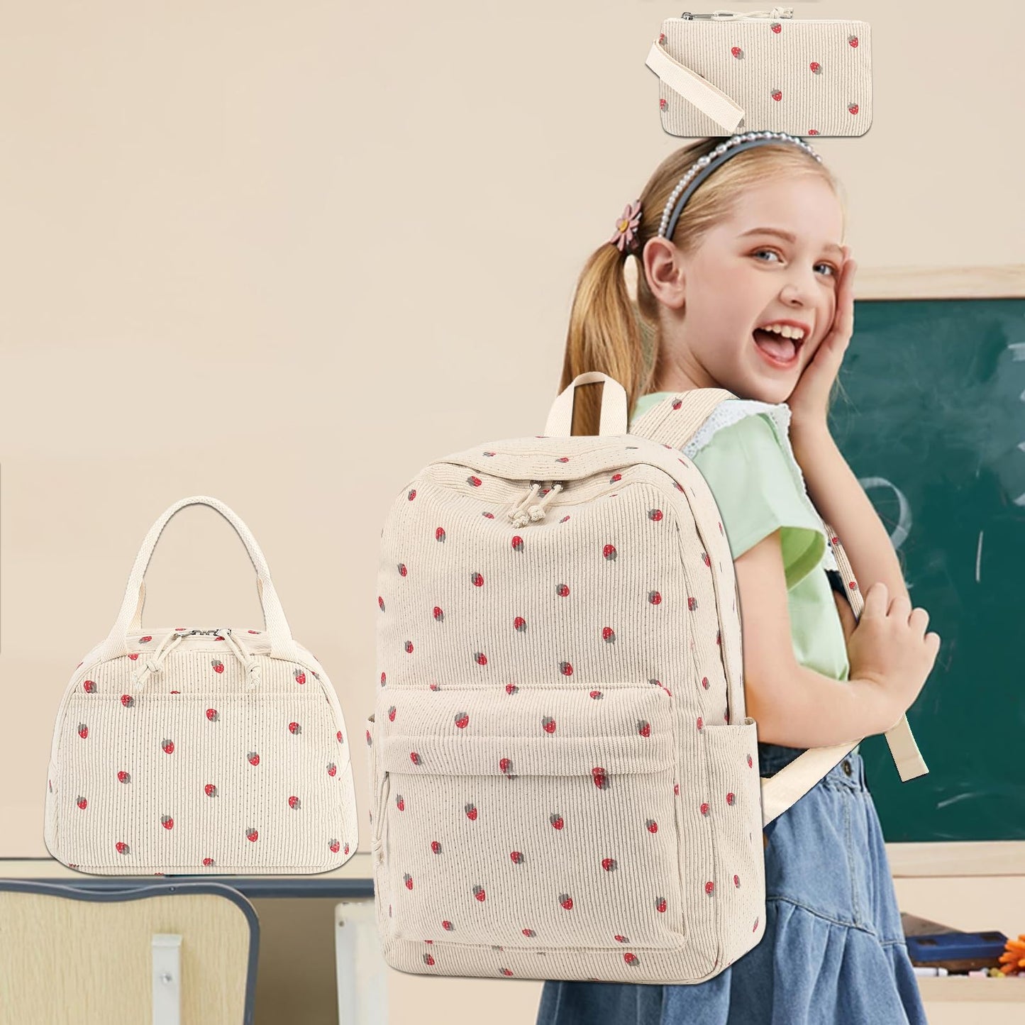 Bluboon School Backpack Teens Girls Boys Kids School Book Bags with Lunch Box Pencil Bag (Corduroy-Strawberry)