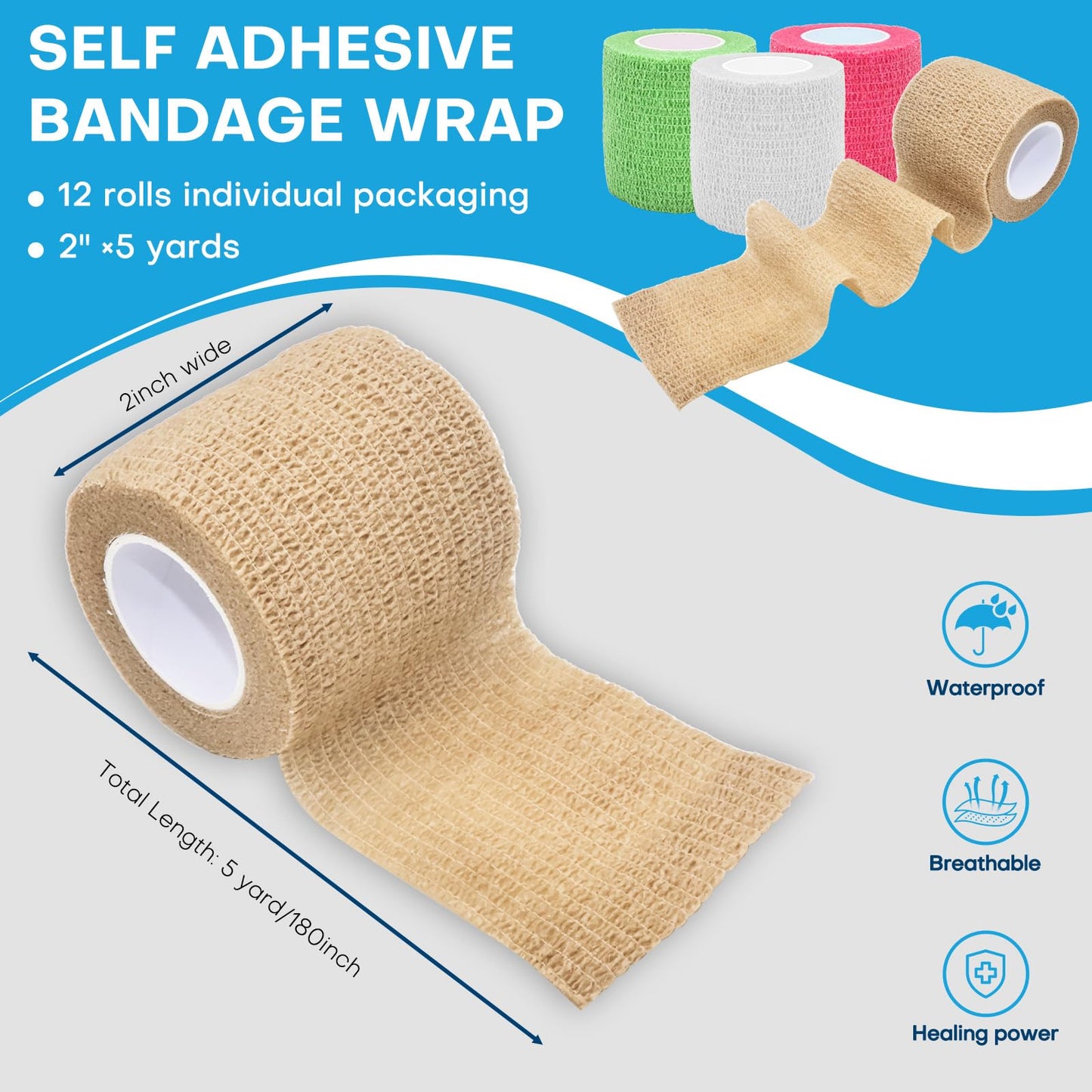 Cohesive Bandage Wrap 2 Inch x 5 Yards, 12 Pack Skin Color Self Adhesive Athletic Tape for Medical First Aid, Injury Recovery & Sports Wraps