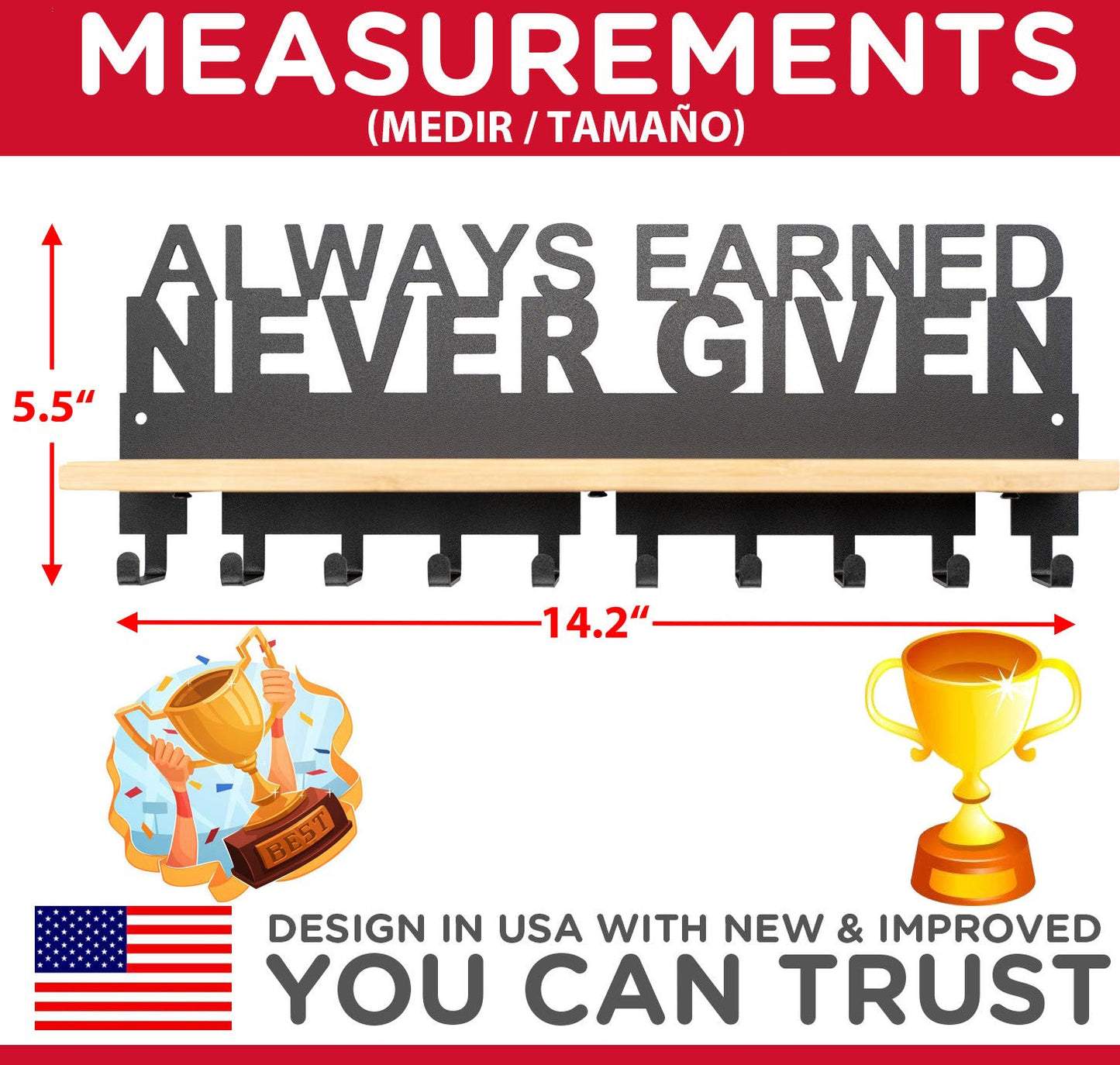 iBobbish Premium Medal Hanger Display Trophy Shelf,ALWAYS EARNED NEVER GIVEN Trophy display shelf Upgraded Medal Display Shelf for Wrest,gymanstics,Race,Soccer..