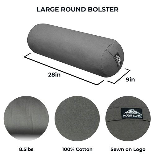 Mount Adams 28" x 9" Large Round Yoga Bolster for Restorative Yoga - 100% Cotton Massage Bolster Pillow with Handles - Dense, Firm Yoga Pillow and Cushion for Home or Studio, 1 Pack, Charcoal