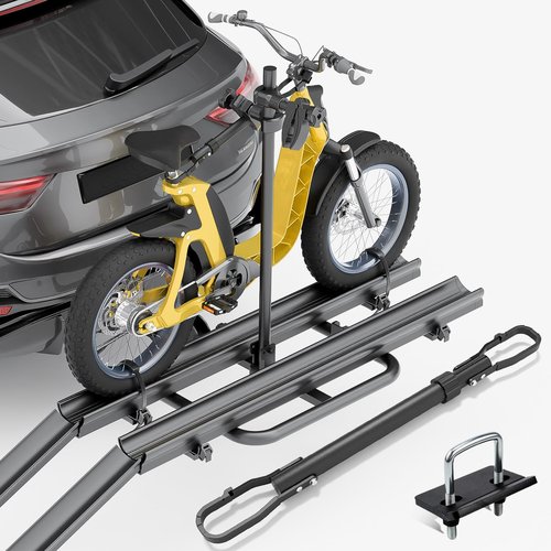SOENBOO 2 EBike Rack with Cross Bar & Ramp, 5" Fat Tire Carrier, Foldable & Lockable Bike Racks, 200 LBS Capacity Electric Bicycle Racks Platform, Fits 2" Standard Hitch for SUVs Cars Trucks Vans