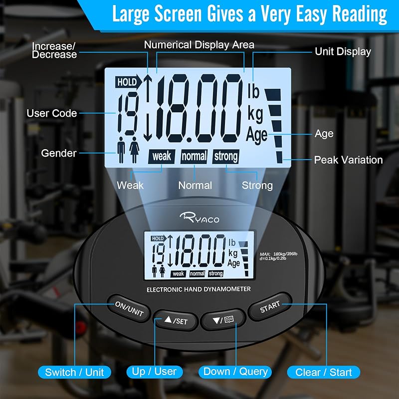Ryaco Grip Strength Tester with Rings - Black Variant, 396lb/180kg LCD Hand Dynamometer