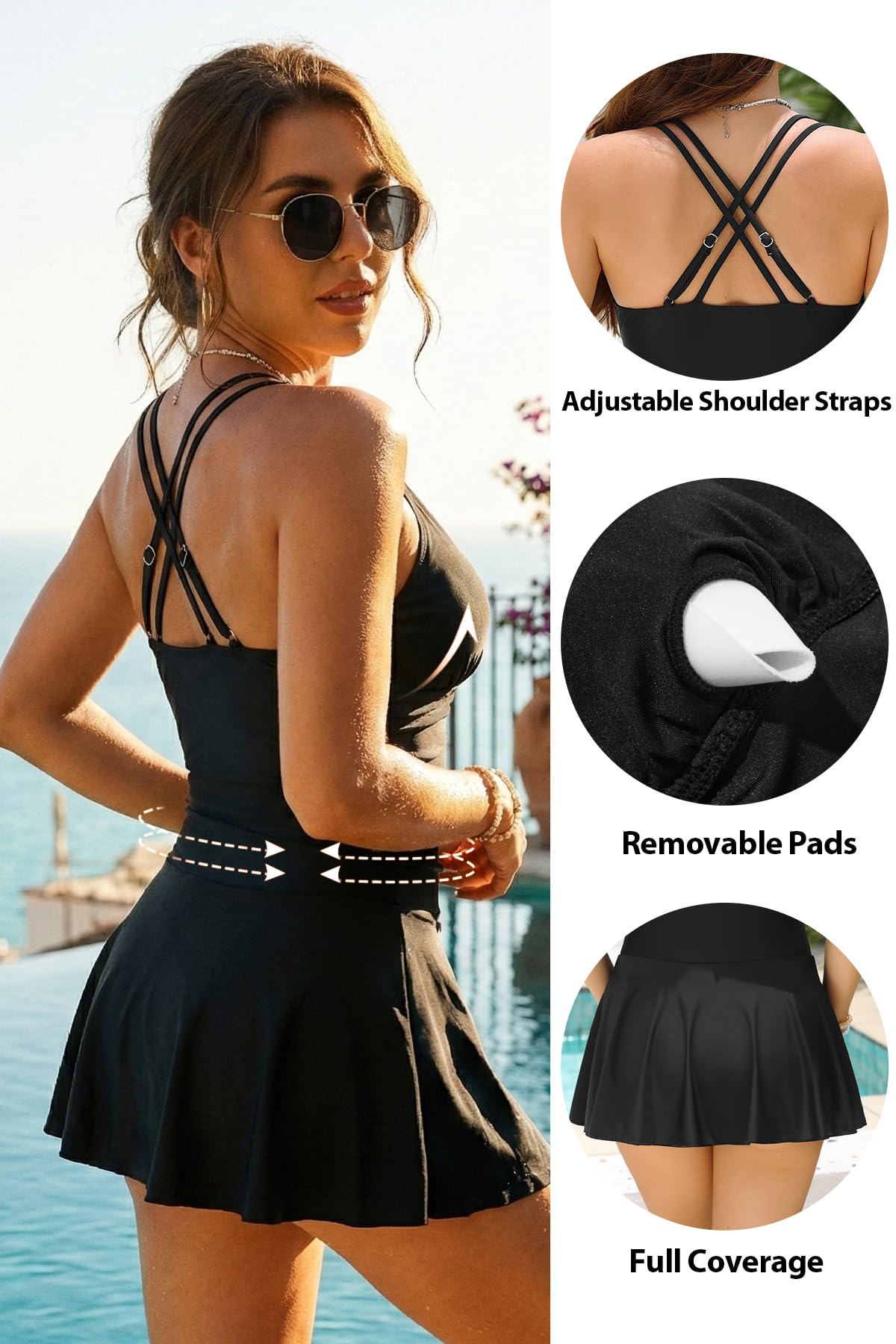 Daci Black Womens One Piece Swim Dress-Modest Tummy Control Swimdress Bathing Suit 2026 Ruched Swimsuit with Skirt L