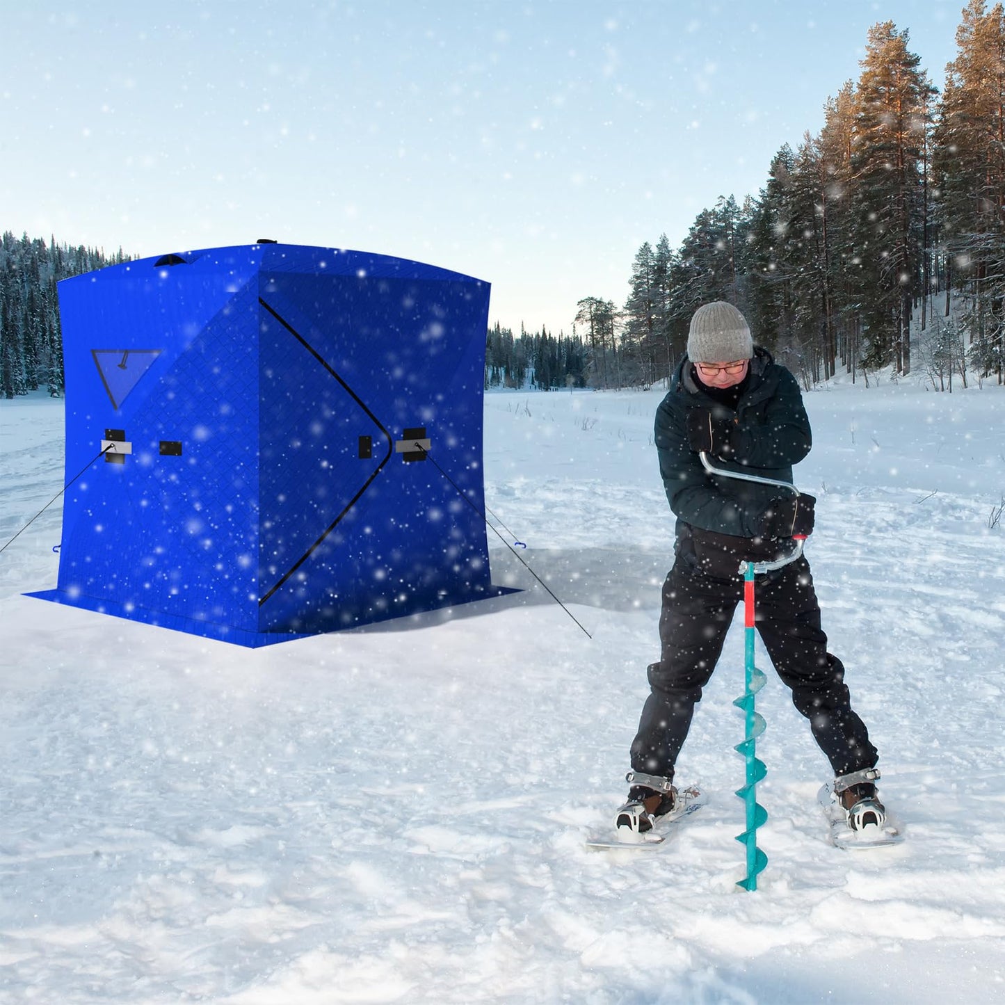 Insulated Pop-Up Ice Fishing Tent - Portable Hub-Style Shelter with 2 Zipper Doors for 3-4 People, Durable Oxford Fabric with Cotton Padding Ice Shack for Winter Fishing Trip, Blue