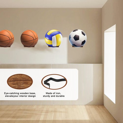 TJWZXX 4 Pcs Wood & Metal Wall Mount Basketball Holder, Ball Storage Holders Display Rack, for Basketball, Soccer, Volleyball, Football, Rugby, Boys Room Decor