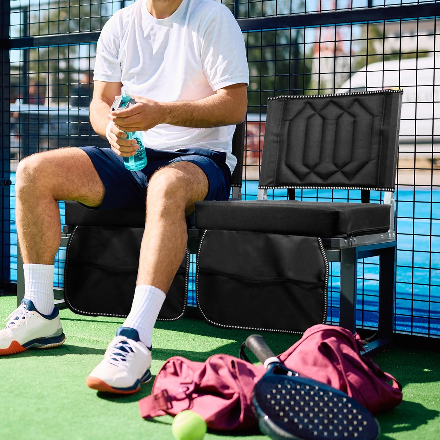 Stadium Seats for Bleachers with Back Support, Bleacher Seats with Backs and Cushion Wide, Portable Folding Comfort Stadium Chair with Shoulder Strap, Carry Handle, Storage Pockets, Black, 1Pack