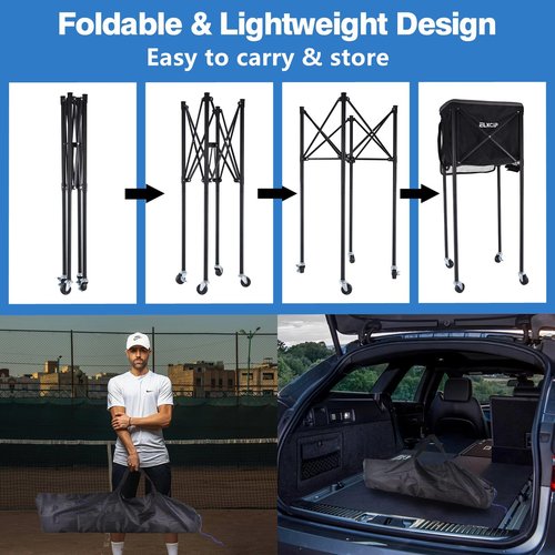ELKCIP Portable Pickleball & Tennis Ball Hopper with Wheels, Foldable Sports Balls Teaching Cart, Lightweight Softball Caddy, Large Capacity Baseball Basket Carrier for Training