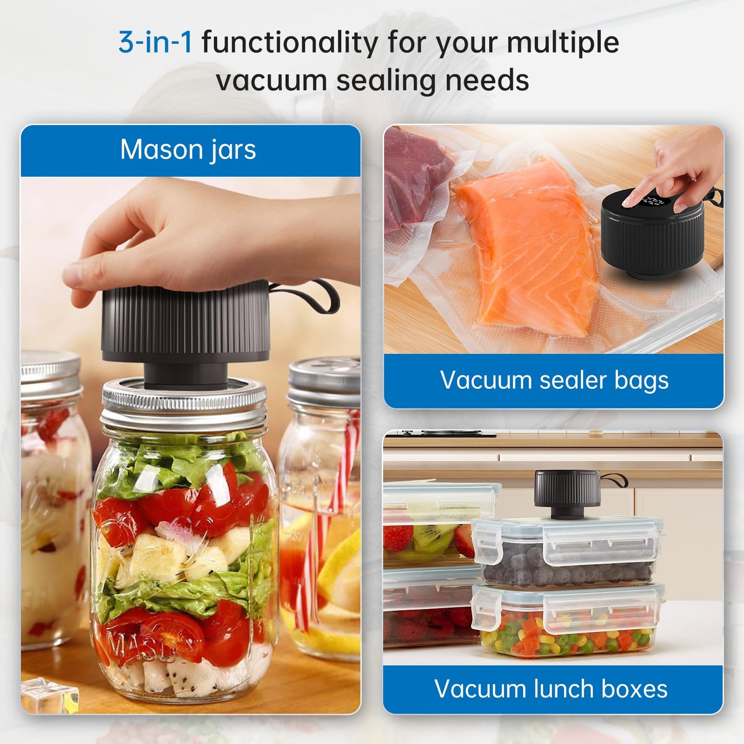 Electric Mason Jar Vacuum Sealer Kit, 3-in-1 Handheld Automatic Vacuum Sealer for Mason Jars, Food Savers & Containers | Ideal for Canning Jams, Pickles, Dry Foods, Grains | Present for Mom, Black