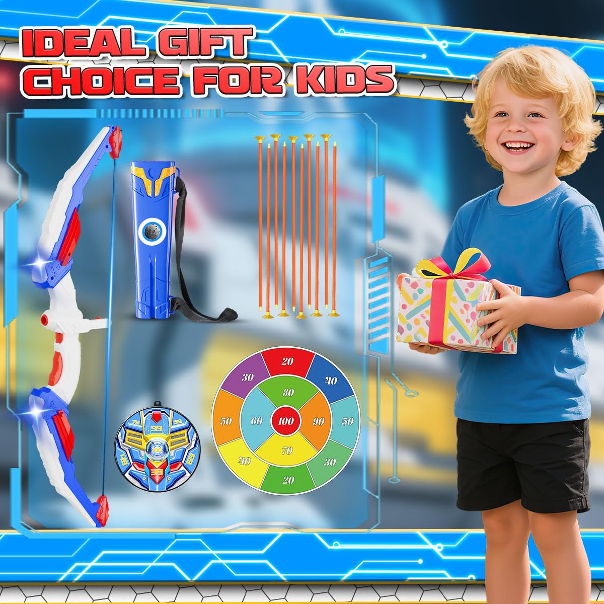 MLDKA Kids Bow and Arrow Set, LED Light Up Archery Toy Set with Suction Cup Arrows, Standing Target & Quiver, Indoor and Outdoor Toys Sport Gifts for Kids, Boys & Girls Ages 4 5 6 7 8 9 10 11 12