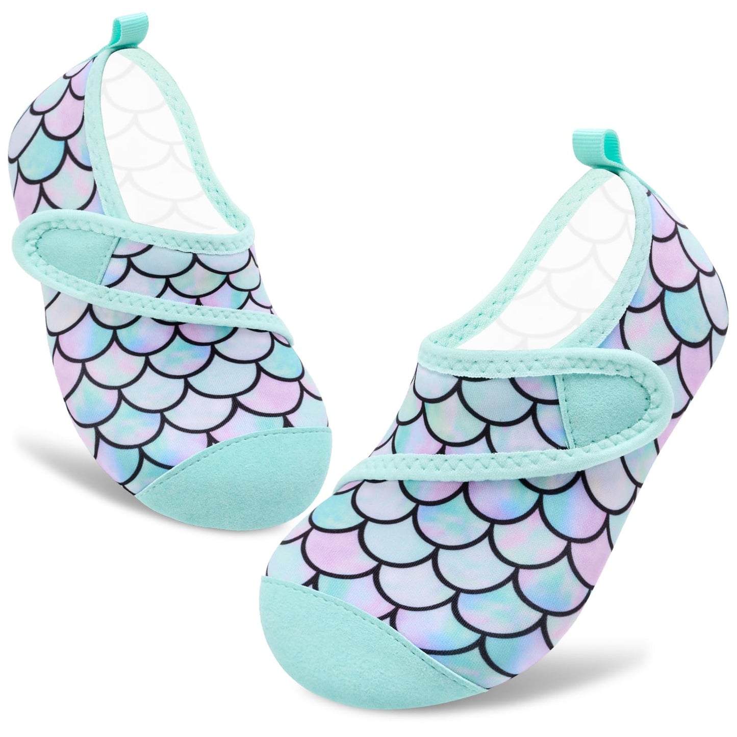 VIFUUR Kids Water Shoes Boys Girls Barefoot Water Sports Socks Hook&Loop Beach Shoes Quick Dry Aqua Socks Swim Walking Outdoor Sports for Toddler Fish Scales Green-24/25