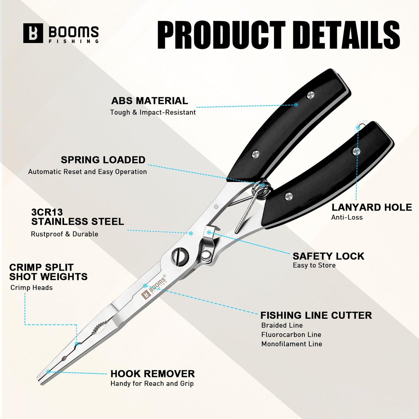 Booms Fishing Pliers Hook Remover: 8" Long Nose Fish Pliers Stainless Steel for Saltwater - Braid Line Cutters with Coiled Lanyard and Safety Lock Design, Multi-Function Fishing Tool For Men, H06