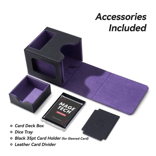 Mage Tech Card Deck Box for MTG Commander - Patented Design, Commander Display, Fits 100 Double-Sleeved Cards, 35pt Card Brick & Dice Tray - Black/Purple