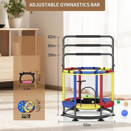 Trampoline for Kids, Full Anti-Rust 440lbs Anti-Rollover Round Bottom Toddler Trampoline, T-handrail Adjustable Baby Toddler Trampolines Dart Board Dark Red Yellow Blue (Dark Red Yellow Blue, 55)