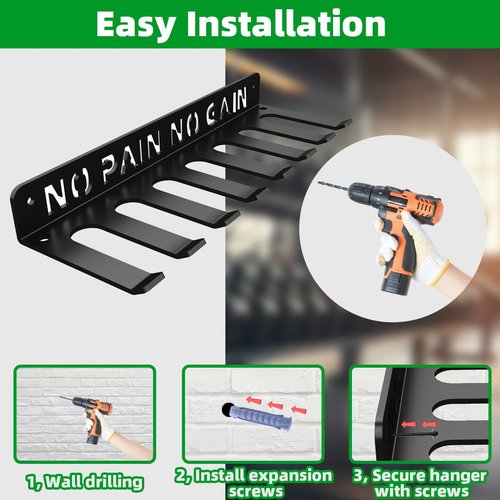 Home Gym Accessories Organization Storage Rack Equipment For Home 8 Hook Wall Hanger Display Gear Barbells Resistance Bands Jump Ropes Lifting Belt Hanger Accessories Hardware Included (No Pain No Gain M)