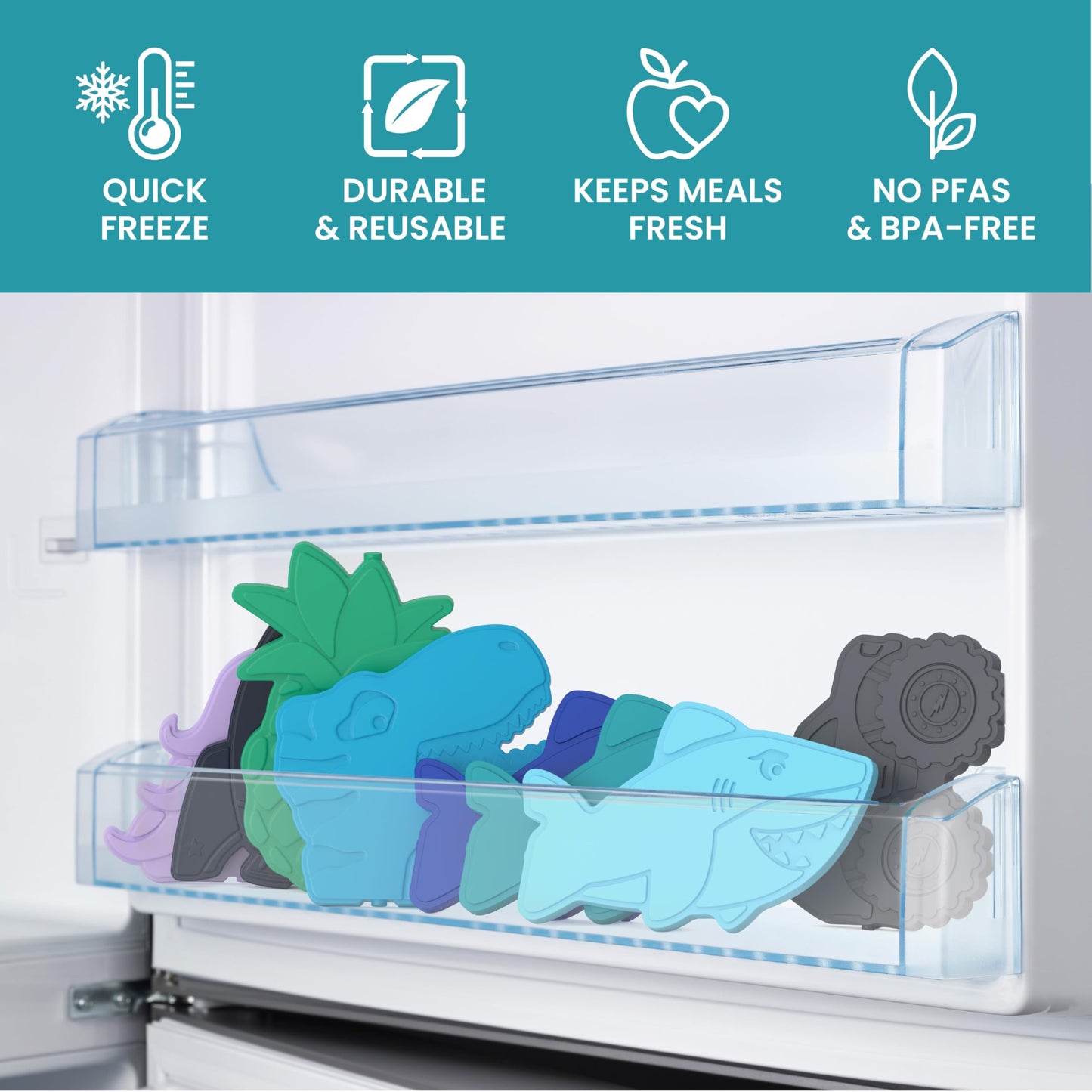 Bentgo Buddies Reusable Ice Packs: Slim Design for Lunch Boxes, Lunch Bags, and Coolers, Quick Freeze, PFAS- and BPA-Free, Multicolored 4-Pack (Shark)
