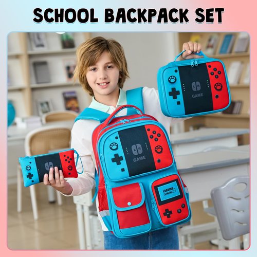 dwgweg Backpack for Boys 3-in-1 Backpack with Lunch Box Set Gaming Bookbag stylish kids travel backpack for boys 6-18 Kids Junior High School Primary School Back pack (Red-blue-set)
