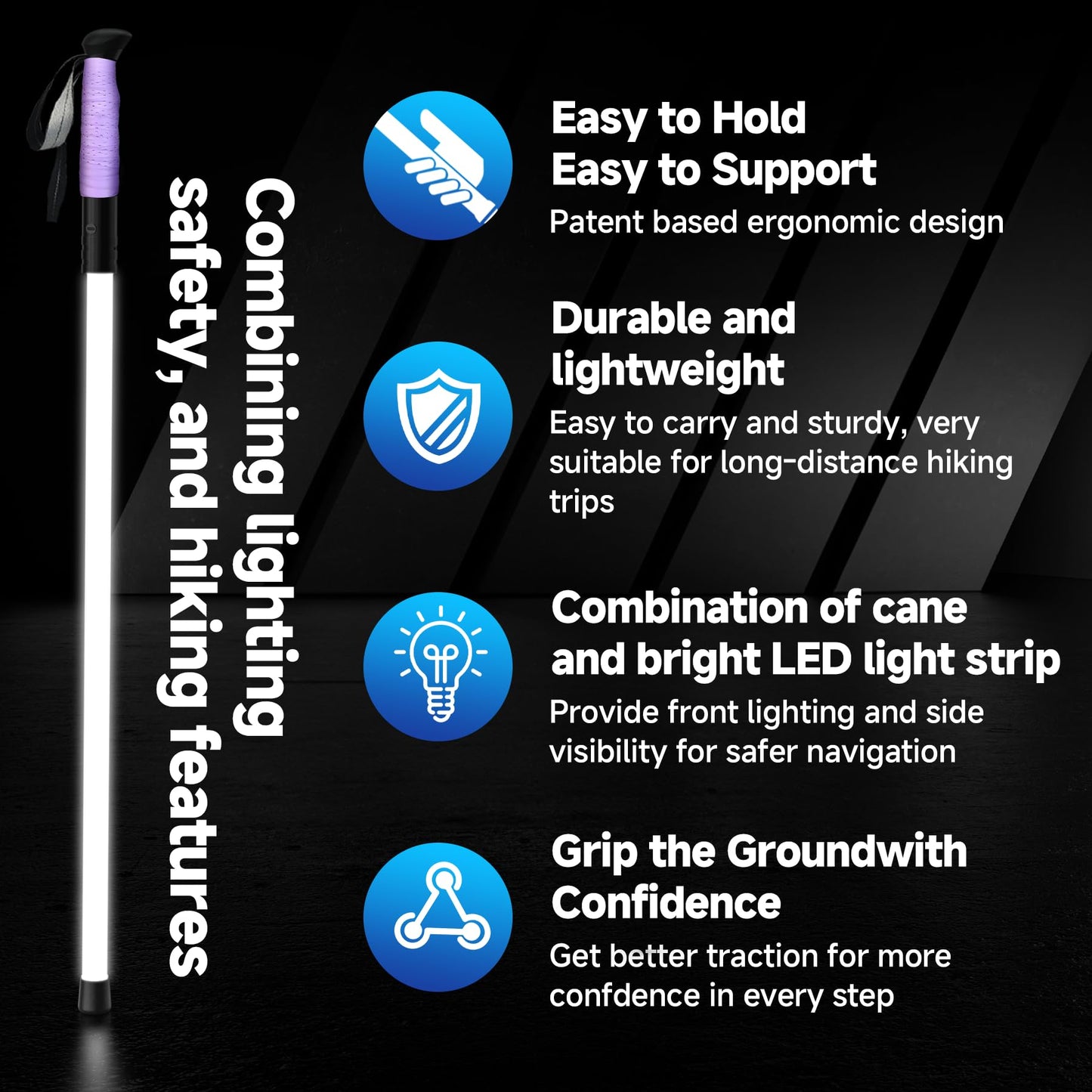 LED Illuminated Hard Hiking Poles, Lighting Tools and Warning Functions, USB Charging, 8-Hour Battery Life, IP55 Waterproof