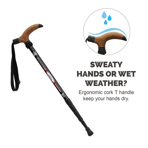 Aluminum Alloy Quick Lock Trekking Pole Anti-Shock Walking Stick Adjustable Cane Crutch for Mountains Trekking Hiking,Ultralight Collapsible with Cork Grips Tungsten Tips (Single Trekking Pole) Black